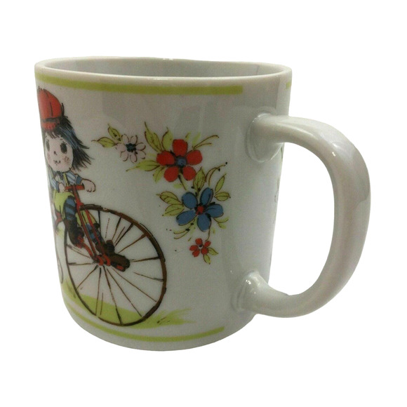 Dog Chasing Little Girl on Bicycle Colorful Bouquet of Flowers Japan Coffee Mug - Picture 5 of 7